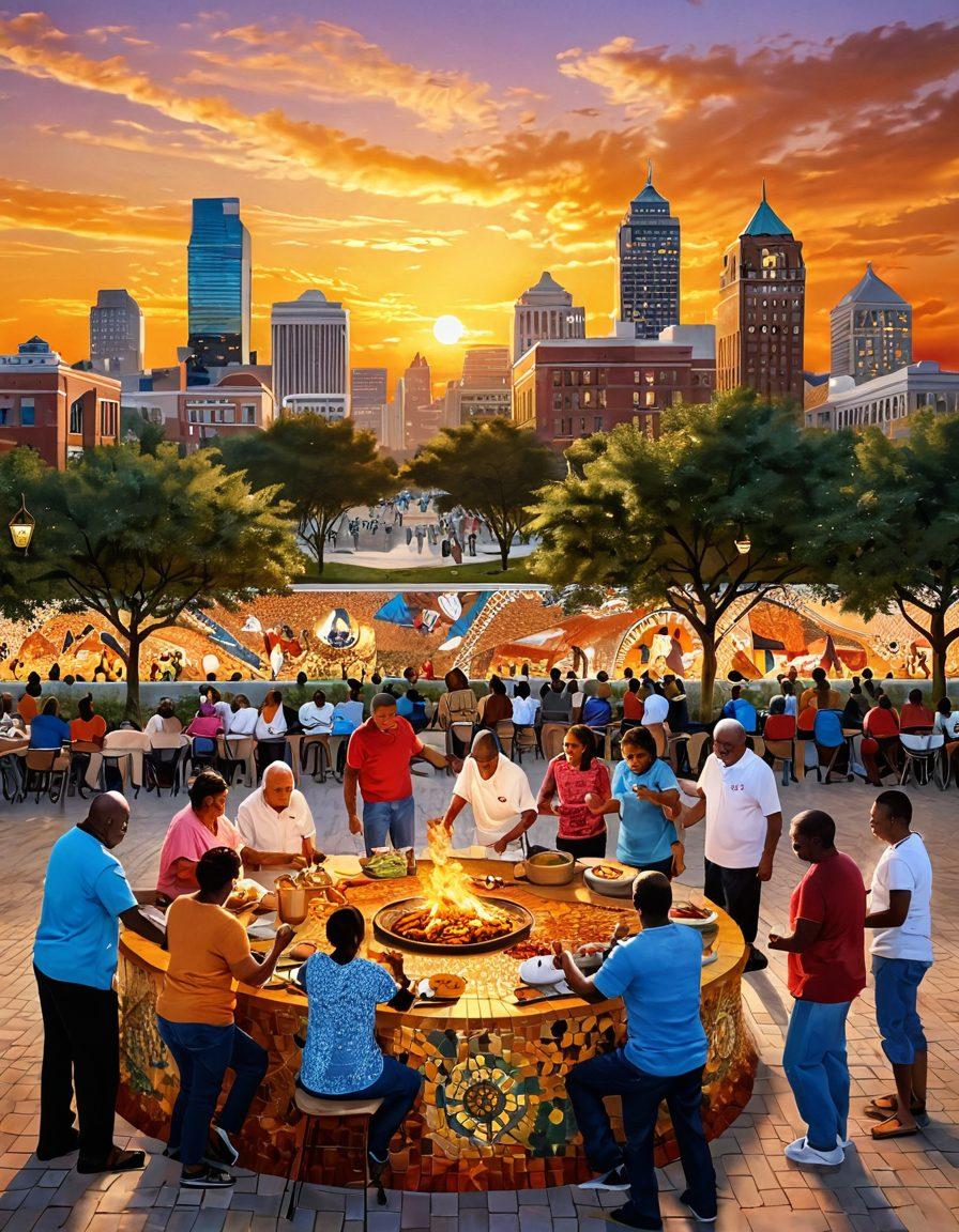 A vibrant mosaic of Alief's cultural diversity showcasing community members engaging in various activities, like cooking, dancing, and sharing stories, with cultural symbols and landmark icons in the backdrop. A warm sunset casts a golden hue over the scene, evoking a sense of unity and togetherness. super-realistic. vibrant colors. 3D.
