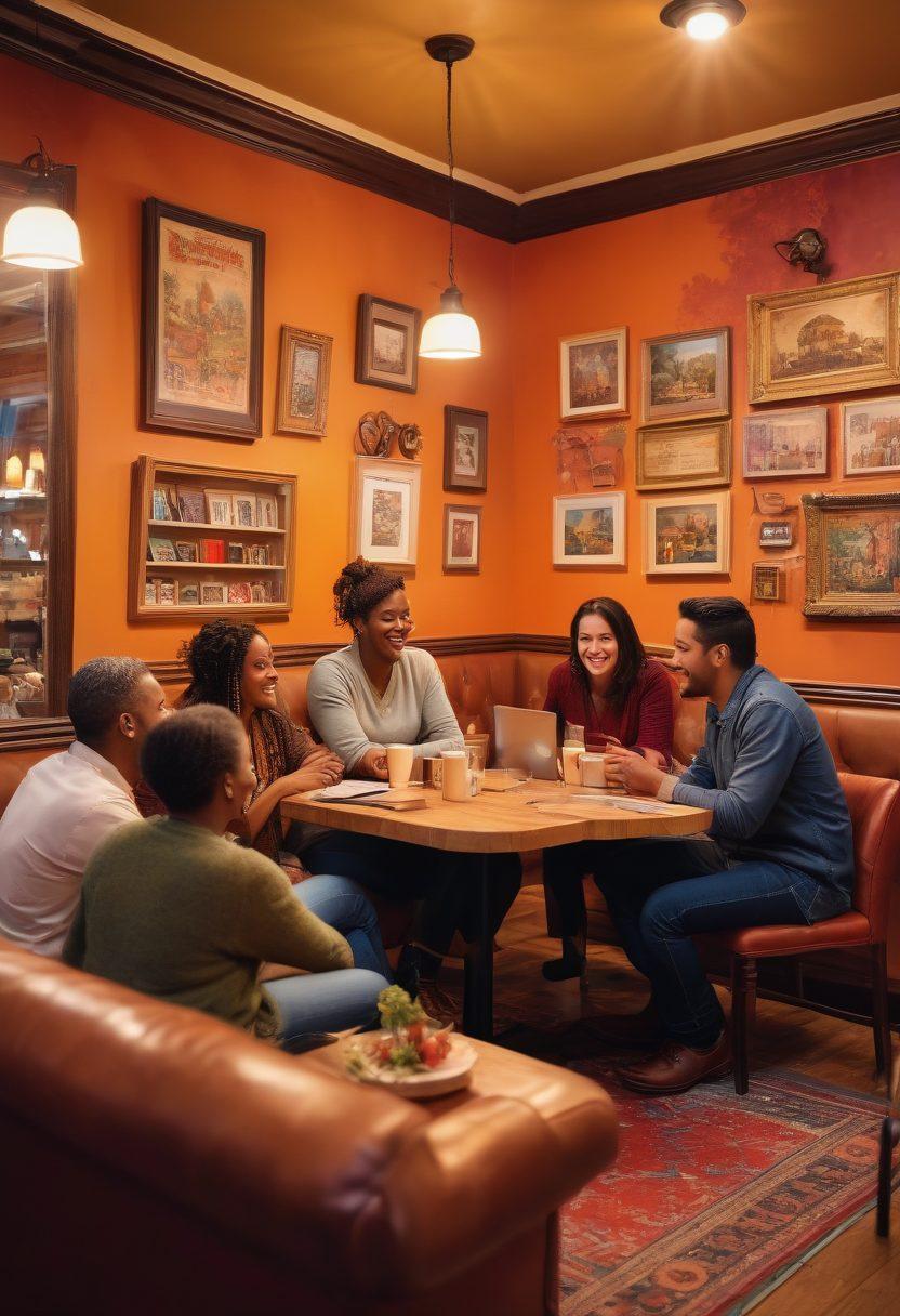 A diverse group of people engaged in a lively conversation in a cozy café, surrounded by books and personal artifacts reflecting their authentic stories. A warm, inviting atmosphere with soft lighting and colorful artwork on the walls, celebrating the heart of Alief's culture. Emphasize expressions of joy, understanding, and connection among the individuals. super-realistic. vibrant colors. cozy ambiance.