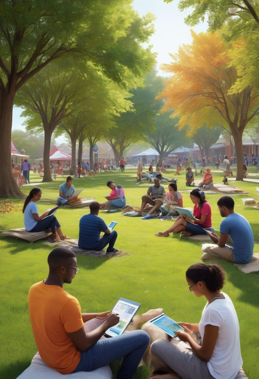 A vibrant community scene showcasing diverse groups of people engaging in various activities, such as reading news on tablets, chatting in small groups, and accessing resources on computers in a bright and colorful park setting. Include elements representing Alief, like local landmarks and cultural symbols, to create a strong sense of place. The atmosphere should convey connection and community spirit. super-realistic. vibrant colors. white background.